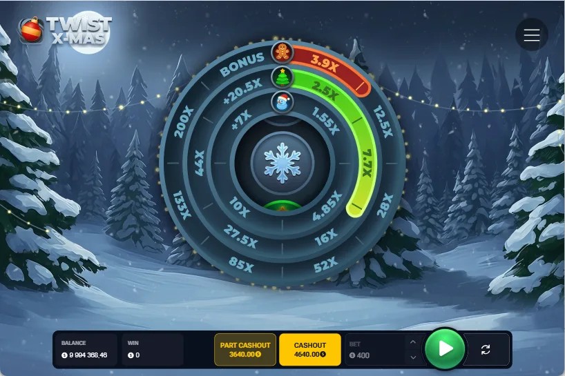 Twist X-Mas game wheel with winter forest background showing multipliers and active cashout button – UK players view