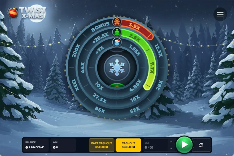 Twist X-Mas game wheel with winter forest background showing multipliers and active cashout button – UK players view