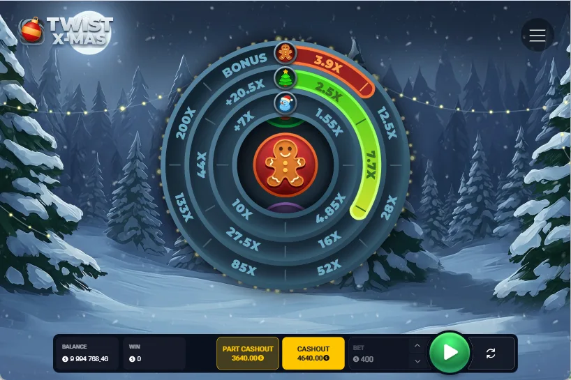 Twist X-Mas crash-style spinning wheel with gingerbread bonus symbol and multiplier segments for UK casino players